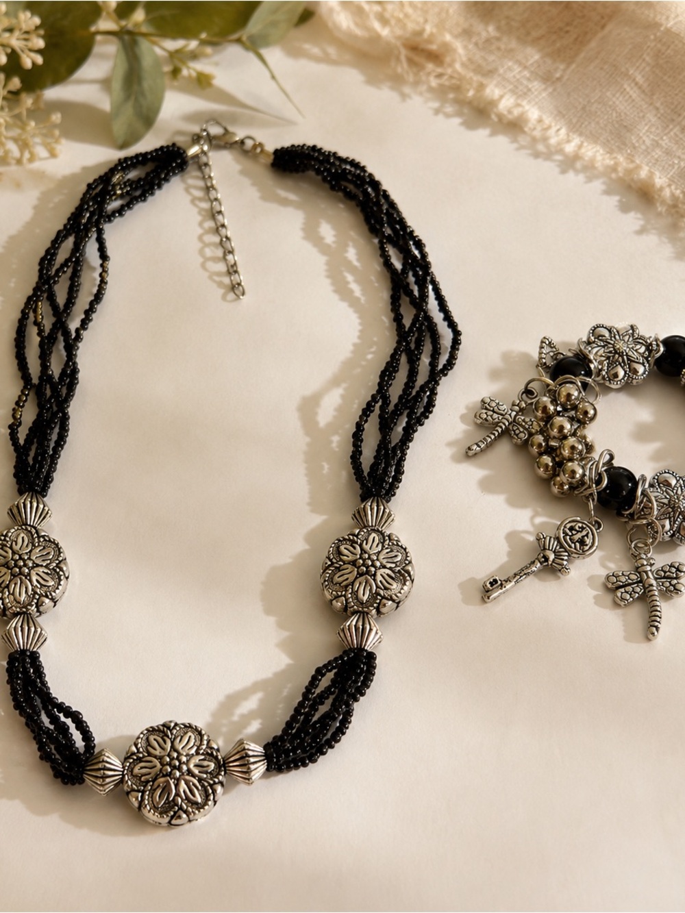 Black Beaded Multi Strand Necklace and Charm Bracelet Silver Tone Jewelry Set